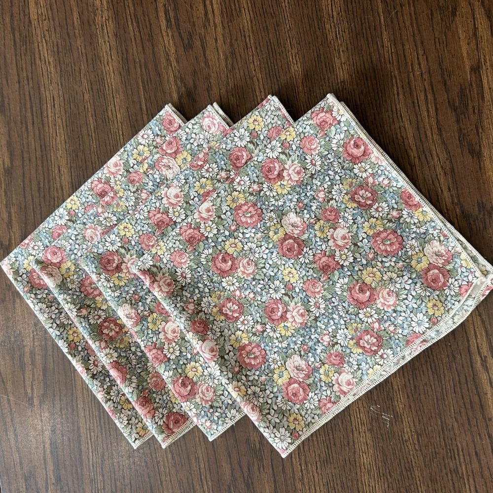 Vintage Floral Cotton Napkins Set Of 4 Pink‎ Green Shabby Chic Tablescape